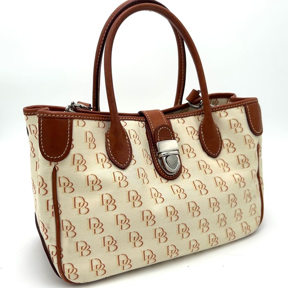 Dooney & Bourke Handbags - Dooney & Bourke Signature Canvas Leather Monogram Satchel DB Monogram Bag Cream